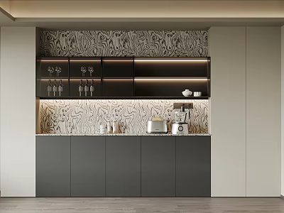 Modern Sideboard With Gray Cabinet LED Lighting Glass Doors And Tea Set 3d model