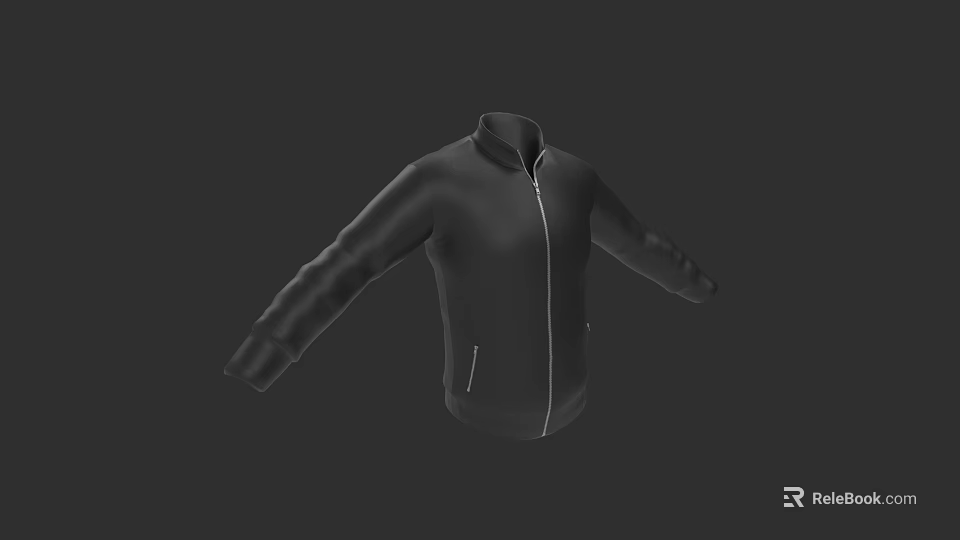 Black Jacket With Zipper Closure Stand Collar And Side Pockets On Black Background 3d model 