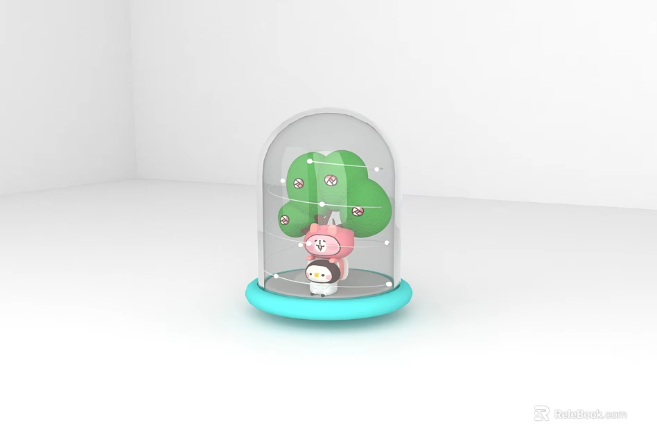 Decorative Ornament Set With Glass Dome Pink Pig Green Floral Tree And Blue Base 3d model 