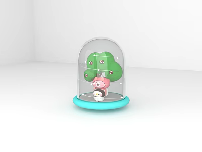 Decorative Ornament Set With Glass Dome Pink Pig Green Floral Tree And Blue Base 3d model
