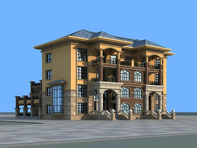 European Style Duplex Villa With Yellow Exterior Dark Roof And Balconies 3d model