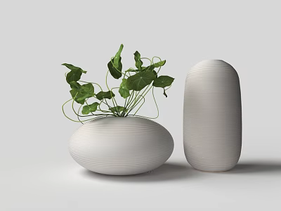 White Striped Ceramic Vases With Green Leafy Plant On Neutral Background 3d model