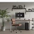 Modern Home Office Desk With Computer Monitor Desk Lamp Brown Chair And Green Plant