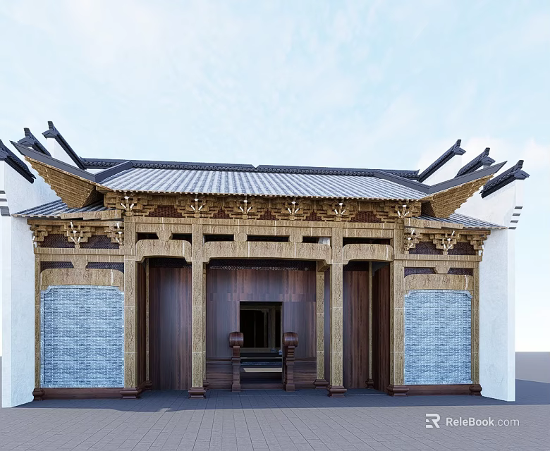 Ancient Architecture Traditional Roof With Eaves And Wooden Carved Structure Blue Brick Walls 3d model 