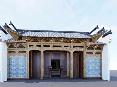 Ancient Architecture Traditional Roof With Eaves And Wooden Carved Structure Blue Brick Walls 3d model