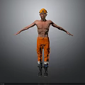 Shirtless Worker In Yellow Hard Hat And Orange Work Pants With Black Boots Arms Outstretched