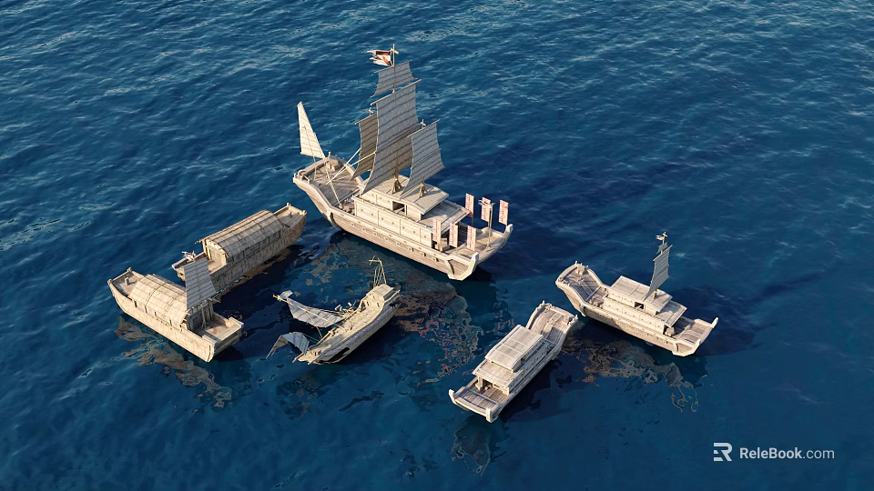 Wooden Sailing Boats Floating On Blue Ocean Water With Traditional Design 3d model 