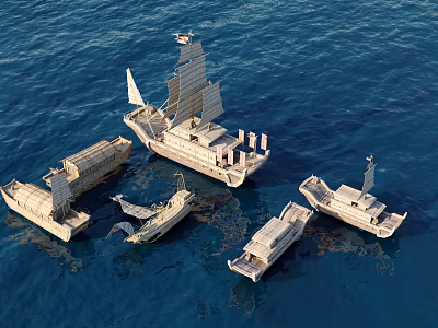 Wooden Sailing Boats Floating On Blue Ocean Water With Traditional Design 3d model