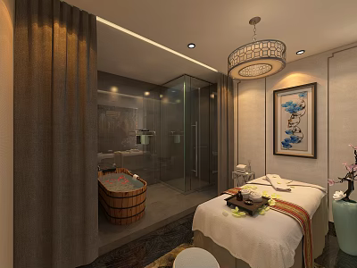 Beauty Salon Spa Luxury Interior With Massage Table Wooden Barrel Bathtub Shower Beauty Supplies Decorative Lighting 3d model
