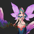 Fairy Character With Purple Pink Wings Blue Hair Floral Staff And Fox Tail Decorative Outfit