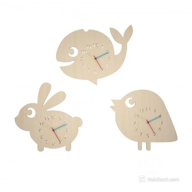 Cute Wooden Animal Shaped Clocks Whale Rabbit Bird Design For Home Decor 3d model 
