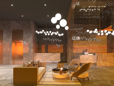 Modern Hotel Lobby Interior With Marble Reception Desk Sofa Chairs And Pendant Lights 3d model