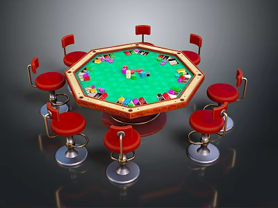 Octagonal Sports Equipment Table With Green Surface Colorful Patterns And Red Surrounding Stools 3d model
