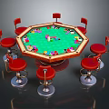 Octagonal Sports Equipment Table With Green Surface Colorful Patterns And Red Surrounding Stools