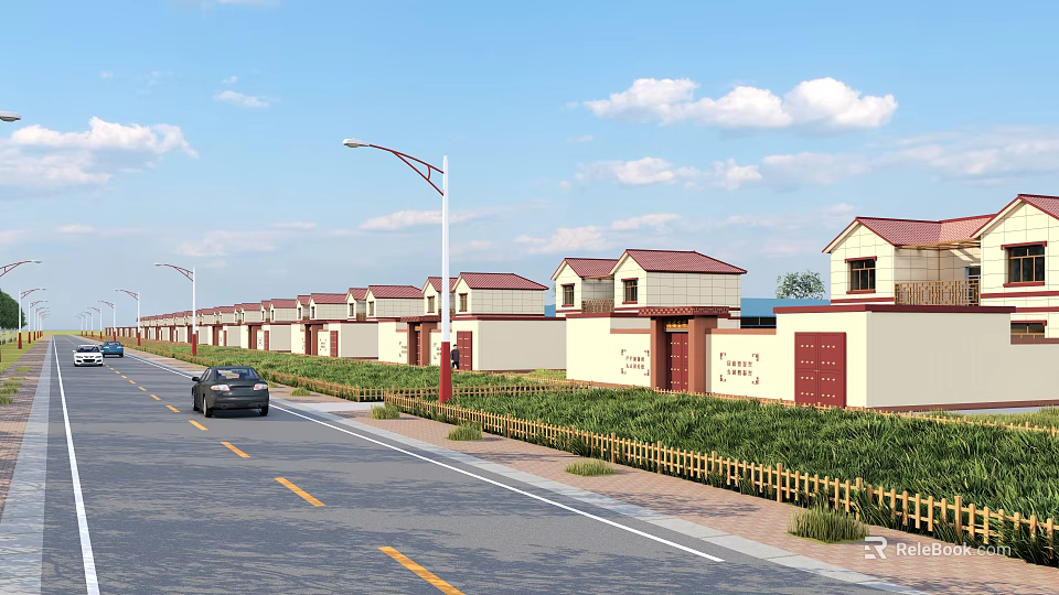 Row of Houses with Red Roofs Along Roadside Featuring Street Lamps Greenery and Black Car 3d model 
