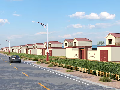 Row of Houses with Red Roofs Along Roadside Featuring Street Lamps Greenery and Black Car 3d model