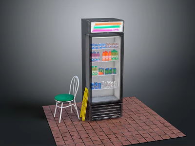 Commercial Upright Beverage Refrigerator With Bottled Drinks Chair And Warning Sign On Brick Floor 3d model