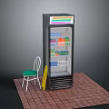 Commercial Upright Beverage Refrigerator With Bottled Drinks Chair And Warning Sign On Brick Floor