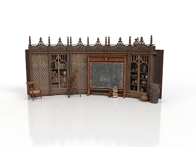 Ornate Vintage Wooden Bookcase with Chalkboard and Gothic Carvings Interior Design 3d model