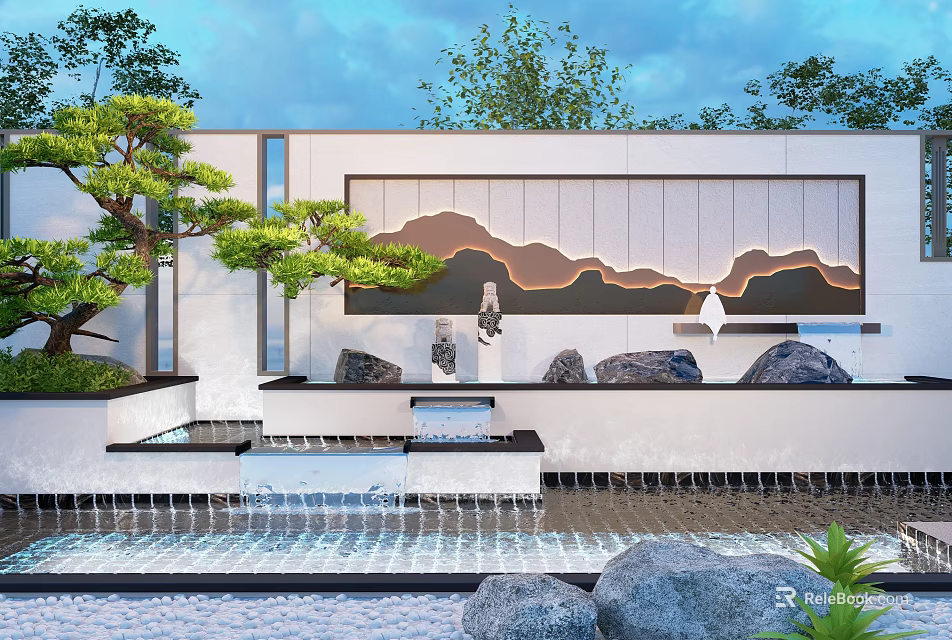 Modern Scenic Wall With Mountain Pattern Illuminated Lights Waterfall Pine Tree And Stone Elements 3d model