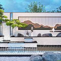 Modern Scenic Wall With Mountain Pattern Illuminated Lights Waterfall Pine Tree And Stone Elements