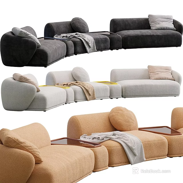 Modern Multi Seat Sectional Sofa in Neutral Tones with Pillows Blankets and Modular Design 3d model