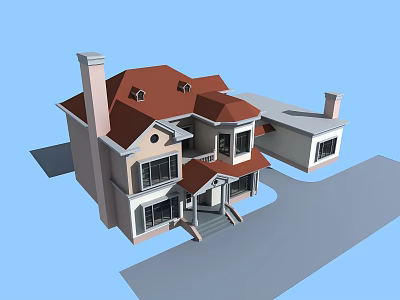Two Story Detached Villa With Red Roof White Walls Porch And Windows 3d model