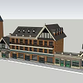 Traditional Commercial Street With Brick Facade And Tudor Style Roofs And Storefronts