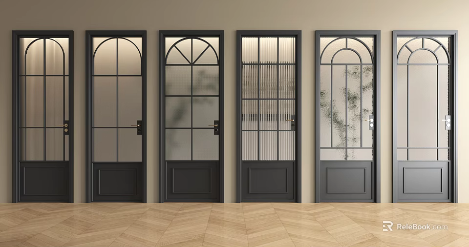 Five Black Hinged Doors With Various Glass Designs In Light Colored Walls And Wooden Floor 3d model 