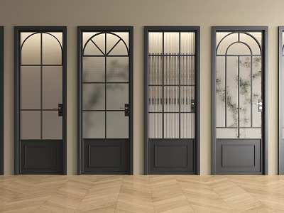 Five Black Hinged Doors With Various Glass Designs In Light Colored Walls And Wooden Floor 3d model