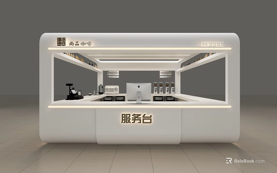 Modern White Cafe Service Counter With Coffee Machine Cups And Computer 3d model