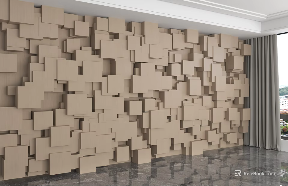 3D Geometric Accent Wall Featuring Wooden Block Design In Modern Interior 3d model 