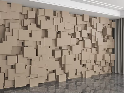 3D Geometric Accent Wall Featuring Wooden Block Design In Modern Interior 3d model