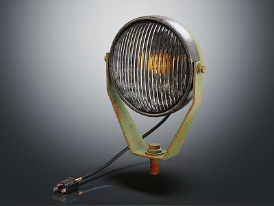 Vintage Round Metal Lamp Featuring Grilled Shade Rusty Bracket And Yellow Light 3d model