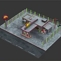 Small Commercial Building Scene With Red Roof Yellow Sign Fence And Street Lamp