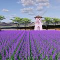 Scenic Park Landscape With Purple Lavender Field Wooden Cabins Trees And Mountains Under Cloudy Sky