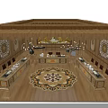 Traditional Temple Interior with Wooden Structure Ornate Mural Altar Table and Intricate Carpet