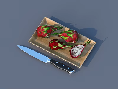 Fresh Dragon Fruit Sliced on Wooden Tray with Knife and Seeds 3d model