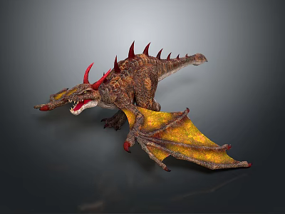 Fantasy Dragon Character With Red Horns Yellow Red Wings And Open Mouth 3d model