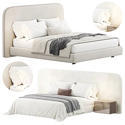 Double Bed With Upholstered Headboard White Bedding Pillows And Blanket Modern Design 3d model