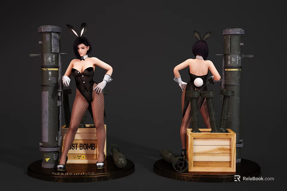 Game Movie Character Bunny Ears Bodysuit Fishnet Stockings White Gloves Wooden Crate Cannon Barrel 3d model 