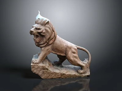 Artistic Stone Lion Statue With Detailed Mane And Standing Pose On Rock Base 3d model