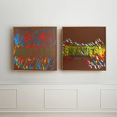 Two Oil Paintings Hanging On White Wall With Bonnard Manet Names Red Blue Yellow Strokes 3d model