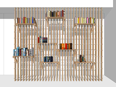 Modern Open Wooden Bookshelf Design With Multiple Shelves And Colorful Books 3d model
