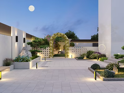 Courtyard Garden Evening Scene With Moonlit Stone Path Arched Gateway Lush Plants And Soft Lighting 3d model