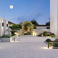 Courtyard Garden Evening Scene With Moonlit Stone Path Arched Gateway Lush Plants And Soft Lighting