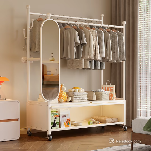 White Clothes Rack With Hanging Clothes Folded Towels Fruits And Mirror On Wheels 3d model 