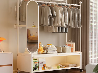 White Clothes Rack With Hanging Clothes Folded Towels Fruits And Mirror On Wheels 3d model
