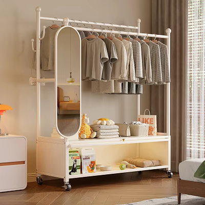 White Clothes Rack With Hanging Clothes Folded Towels Fruits And Mirror On Wheels 3d model