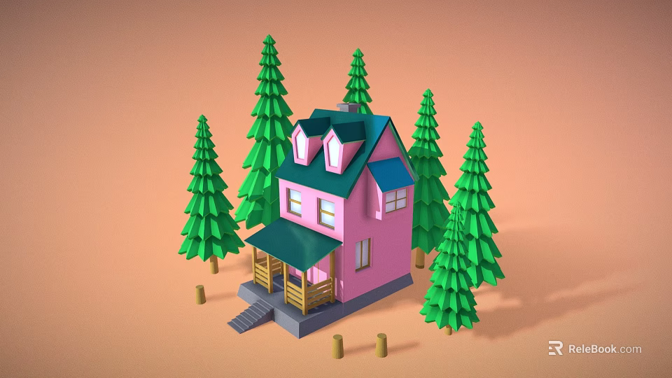 Pink House With Blue Roof And Wooden Porch Surrounded By Green Pine Trees 3d model 